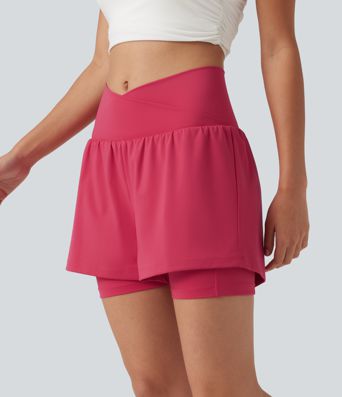 SoftlyZero™ Airy High Waisted Crossover 2-in-1 Cool Touch Yoga Shorts 5'' with Pockets