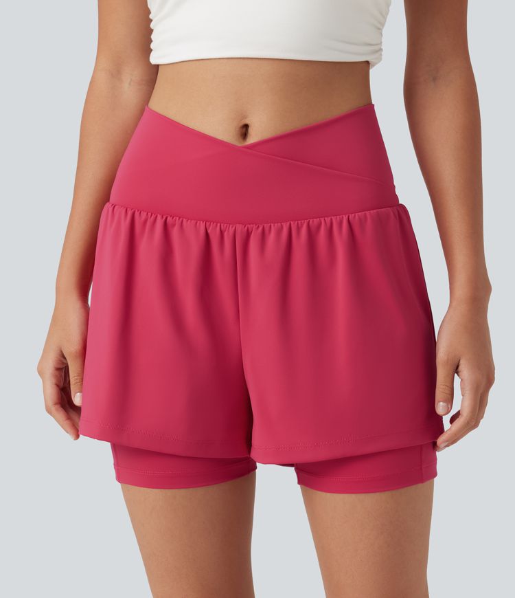 SoftlyZero™ Airy High Waisted Crossover 2-in-1 Cool Touch Yoga Shorts 5'' with Pockets