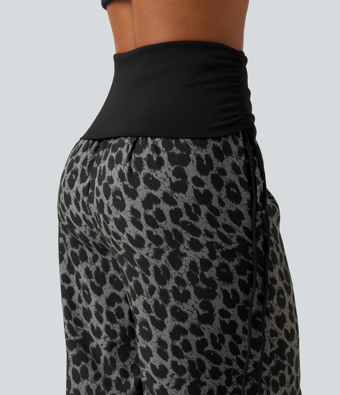 Pantalon baggy casual à imprimé léopard taille haute à revers avec fronces, cordon et poches Pantalon baggy casual à imprimé léopard taille haute à revers avec fronces, cordon et poches