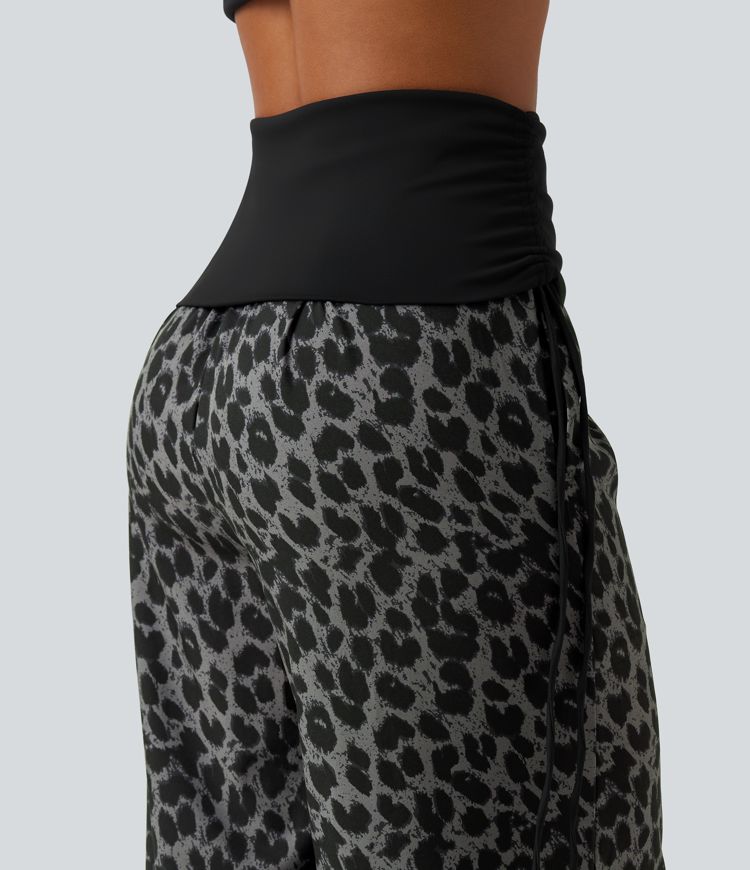 Pantalon baggy casual à imprimé léopard taille haute à revers avec fronces, cordon et poches Pantalon baggy casual à imprimé léopard taille haute à revers avec fronces, cordon et poches
