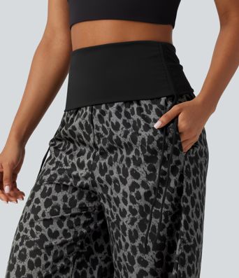 Pantalon baggy casual à imprimé léopard taille haute à revers avec fronces, cordon et poches Pantalon baggy casual à imprimé léopard taille haute à revers avec fronces, cordon et poches