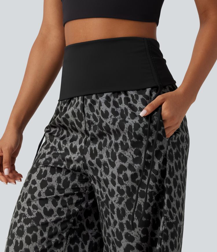 Pantalon baggy casual à imprimé léopard taille haute à revers avec fronces, cordon et poches Pantalon baggy casual à imprimé léopard taille haute à revers avec fronces, cordon et poches
