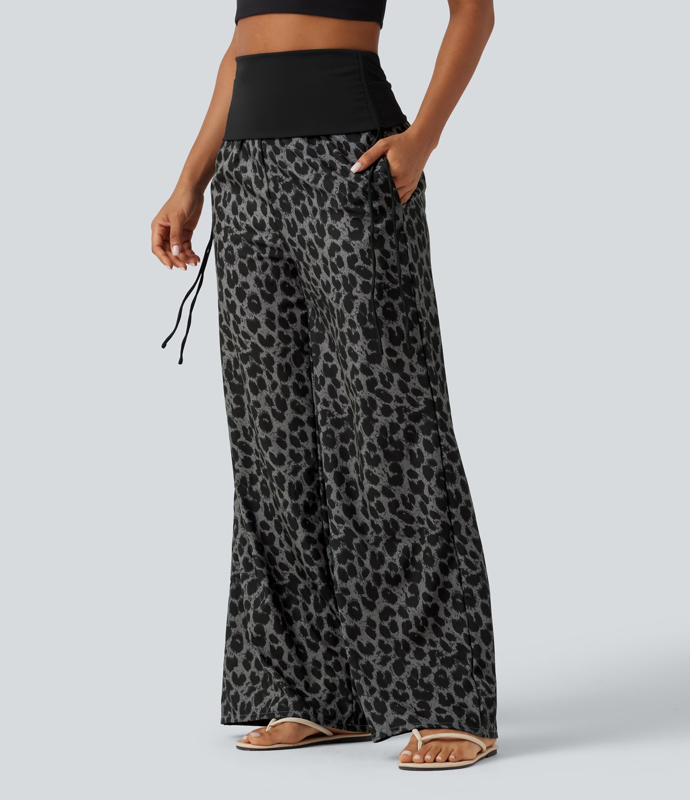 Pantalon baggy casual à imprimé léopard taille haute à revers avec fronces, cordon et poches Pantalon baggy casual à imprimé léopard taille haute à revers avec fronces, cordon et poches