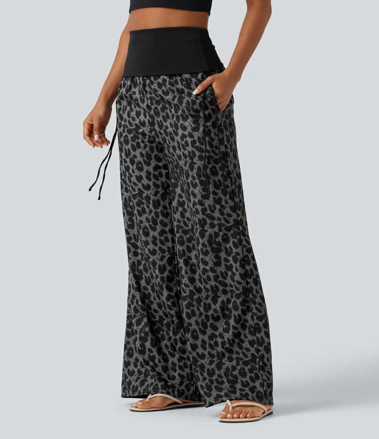 Pantalon baggy casual à imprimé léopard taille haute à revers avec fronces, cordon et poches Pantalon baggy casual à imprimé léopard taille haute à revers avec fronces, cordon et poches