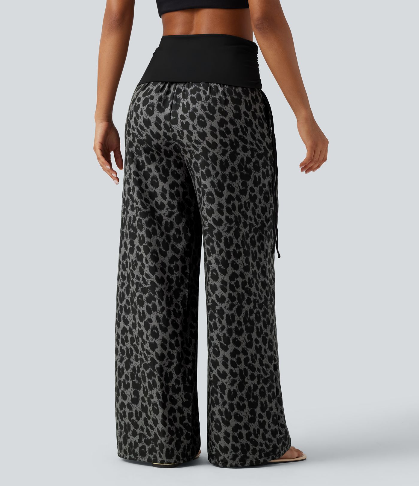 Pantalon baggy casual à imprimé léopard taille haute à revers avec fronces, cordon et poches Pantalon baggy casual à imprimé léopard taille haute à revers avec fronces, cordon et poches