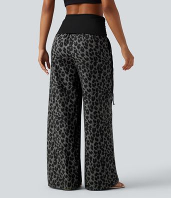 Pantalon baggy casual à imprimé léopard taille haute à revers avec fronces, cordon et poches Pantalon baggy casual à imprimé léopard taille haute à revers avec fronces, cordon et poches