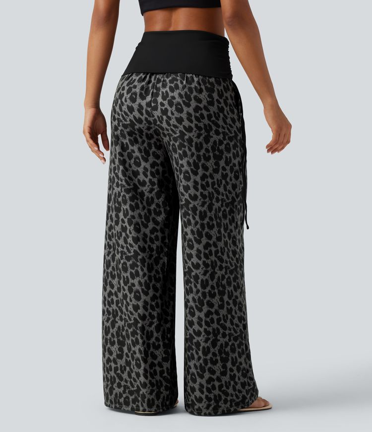 Pantalon baggy casual à imprimé léopard taille haute à revers avec fronces, cordon et poches Pantalon baggy casual à imprimé léopard taille haute à revers avec fronces, cordon et poches