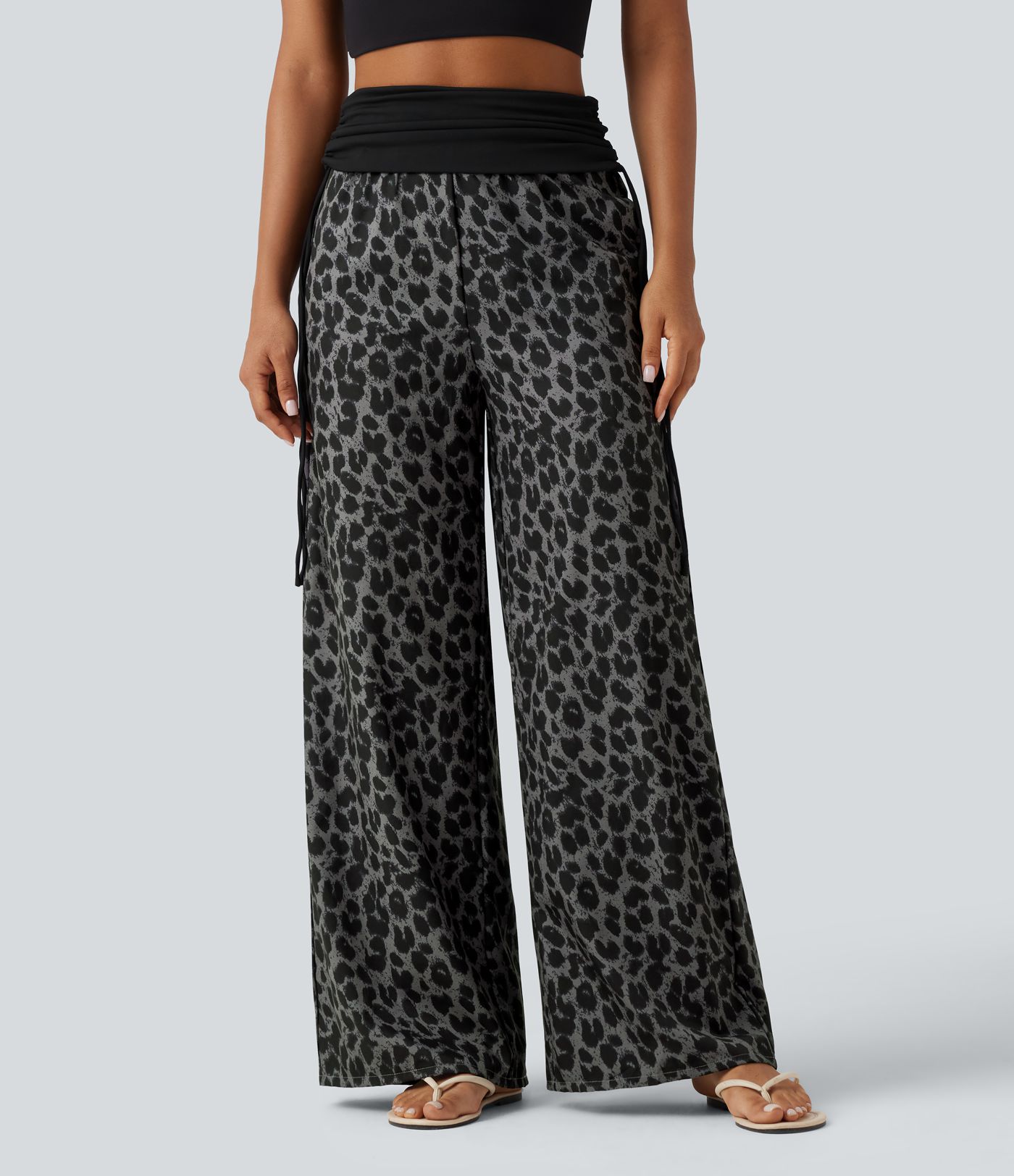 Pantalon baggy casual à imprimé léopard taille haute à revers avec fronces, cordon et poches Pantalon baggy casual à imprimé léopard taille haute à revers avec fronces, cordon et poches