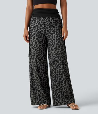 Pantalon baggy casual à imprimé léopard taille haute à revers avec fronces, cordon et poches Pantalon baggy casual à imprimé léopard taille haute à revers avec fronces, cordon et poches