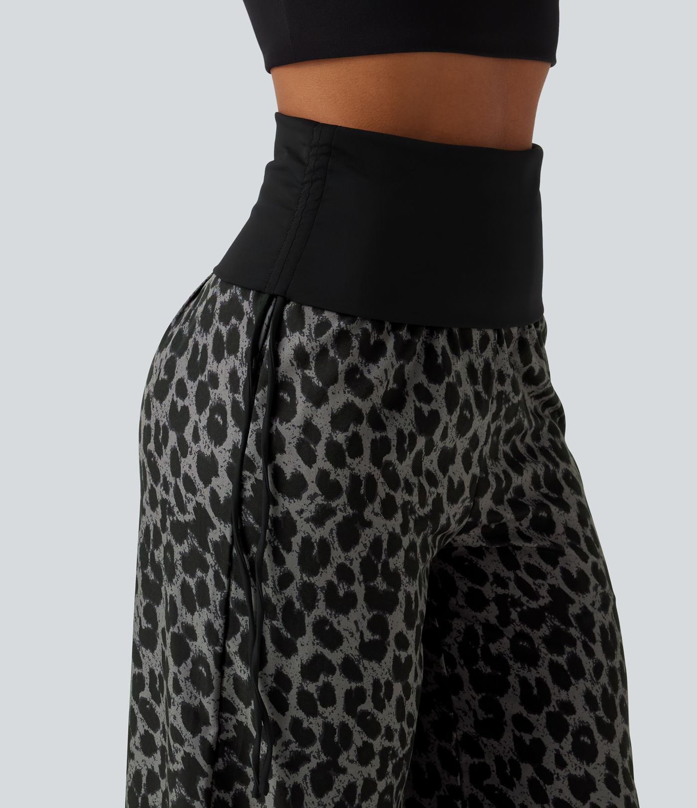 Pantalon baggy casual à imprimé léopard taille haute à revers avec fronces, cordon et poches Pantalon baggy casual à imprimé léopard taille haute à revers avec fronces, cordon et poches