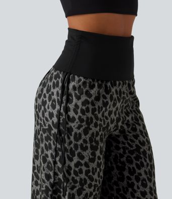 Pantalon baggy casual à imprimé léopard taille haute à revers avec fronces, cordon et poches Pantalon baggy casual à imprimé léopard taille haute à revers avec fronces, cordon et poches
