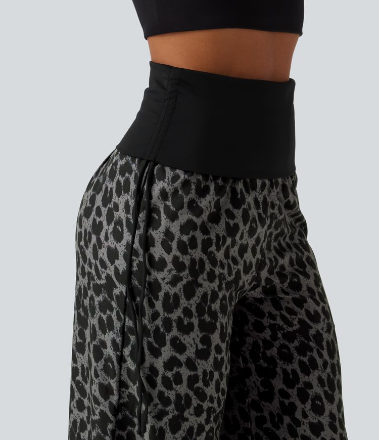 Pantalon baggy casual à imprimé léopard taille haute à revers avec fronces, cordon et poches Pantalon baggy casual à imprimé léopard taille haute à revers avec fronces, cordon et poches