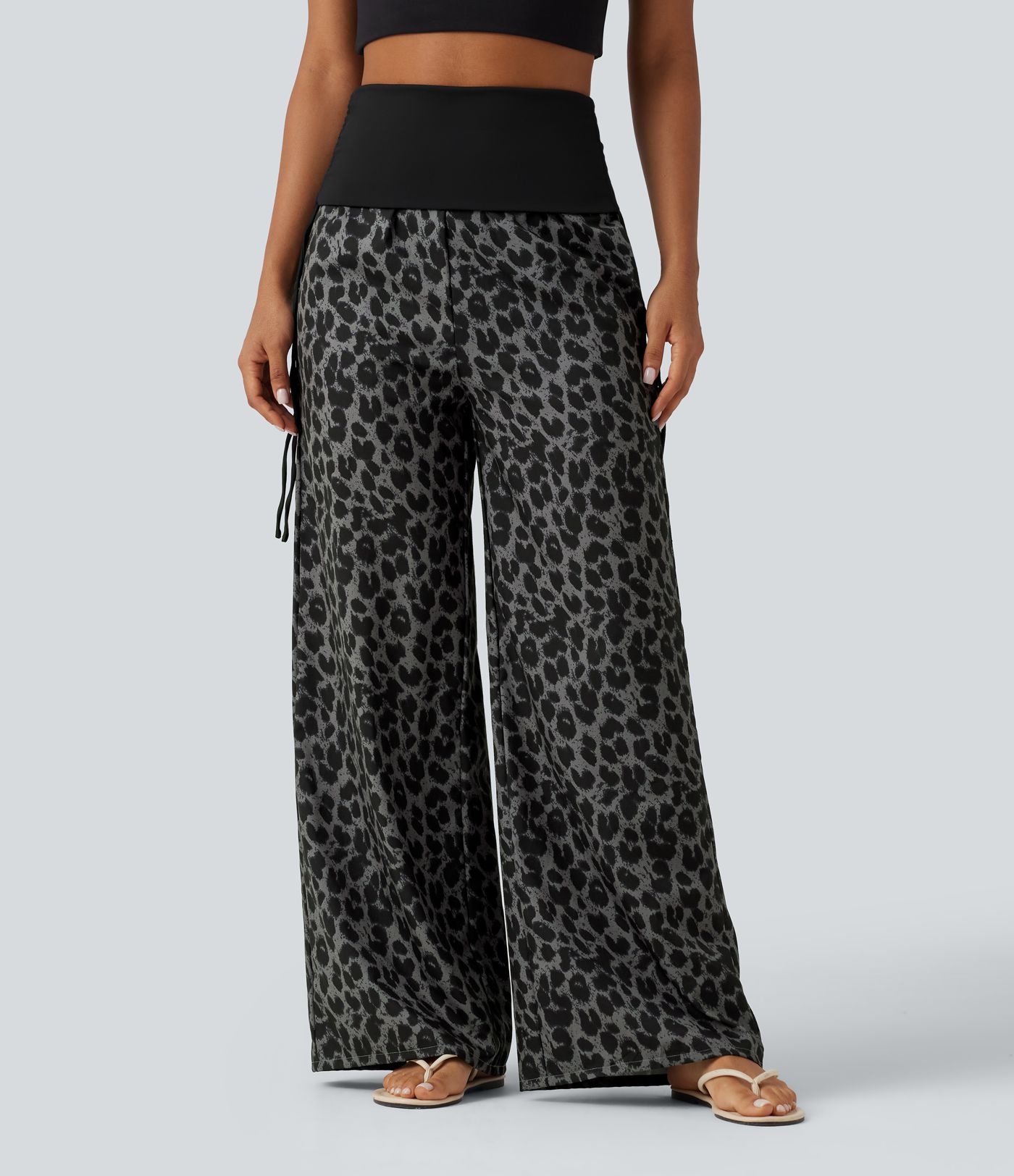 Pantalon baggy casual à imprimé léopard taille haute à revers avec fronces, cordon et poches Pantalon baggy casual à imprimé léopard taille haute à revers avec fronces, cordon et poches