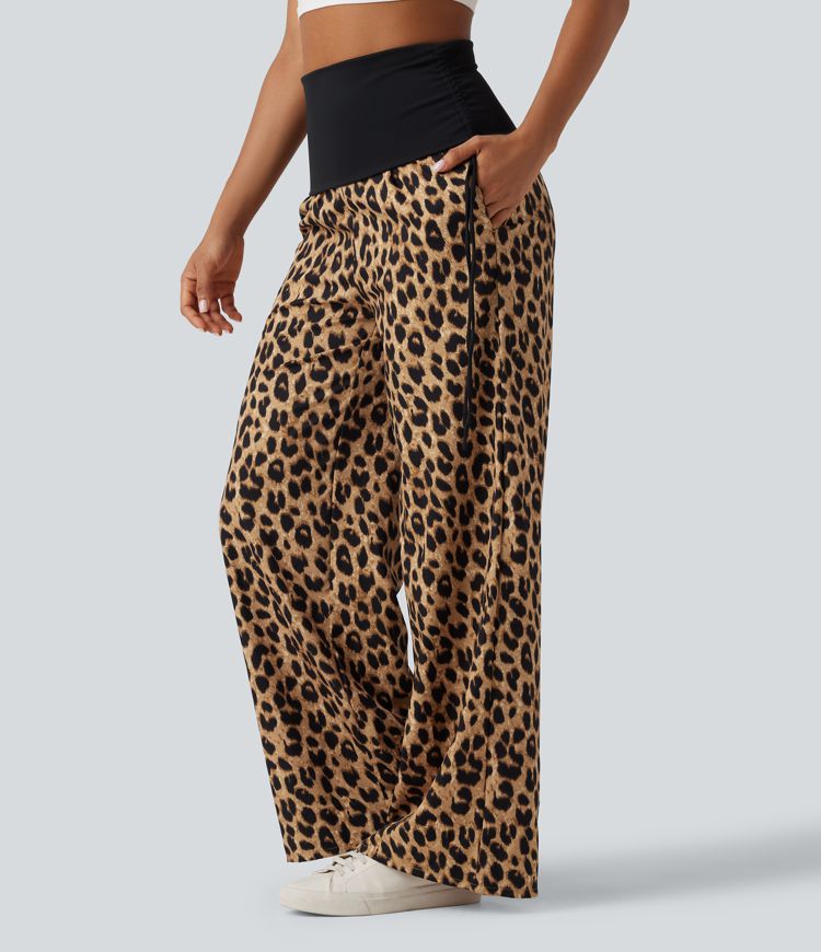 Foldover High Waisted Ruched Drawstring Baggy Leopard Print Casual Pants with Pockets Foldover High Waisted Ruched Drawstring Baggy Leopard Print Casual Pants with Pockets
