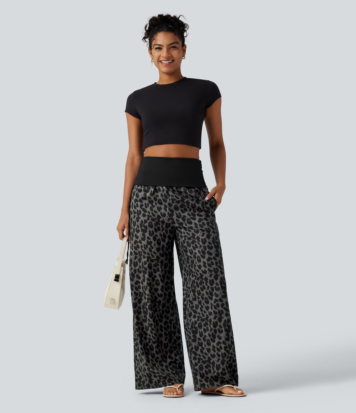 Pantalon baggy casual à imprimé léopard taille haute à revers avec fronces, cordon et poches Pantalon baggy casual à imprimé léopard taille haute à revers avec fronces, cordon et poches