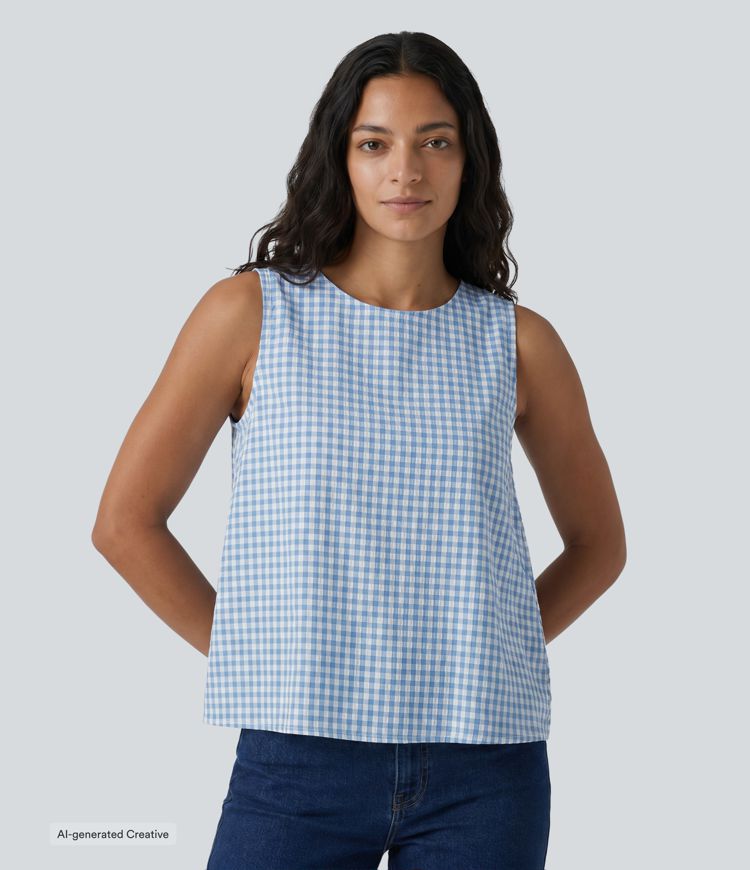 Blue White Bubble Grid Round Neck Crinkle Gingham Casual Tank Top with Pockets / 1
