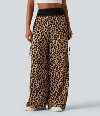 Foldover High Waisted Ruched Drawstring Baggy Leopard Print Casual Pants with Pockets Foldover High Waisted Ruched Drawstring Baggy Leopard Print Casual Pants with Pockets