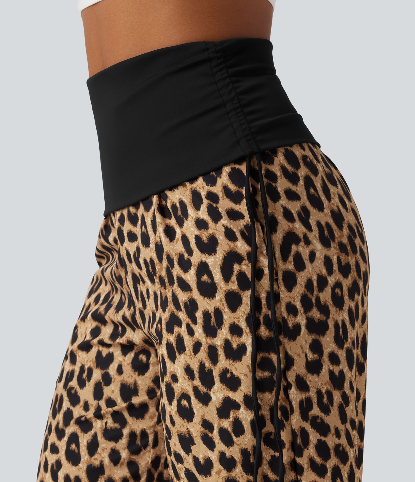 Foldover High Waisted Ruched Drawstring Baggy Leopard Print Casual Pants with Pockets Foldover High Waisted Ruched Drawstring Baggy Leopard Print Casual Pants with Pockets