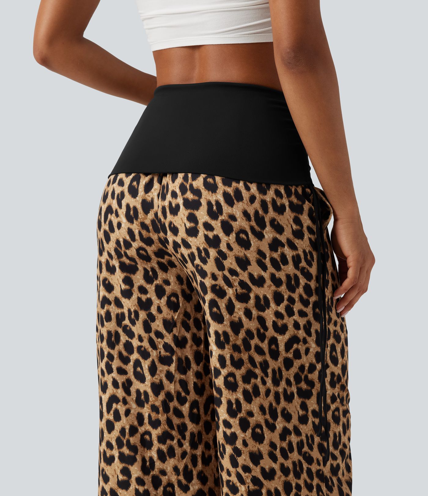 Foldover High Waisted Ruched Drawstring Baggy Leopard Print Casual Pants with Pockets Foldover High Waisted Ruched Drawstring Baggy Leopard Print Casual Pants with Pockets