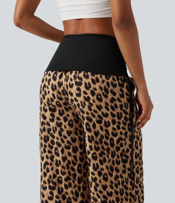 Foldover High Waisted Ruched Drawstring Baggy Leopard Print Casual Pants with Pockets Foldover High Waisted Ruched Drawstring Baggy Leopard Print Casual Pants with Pockets