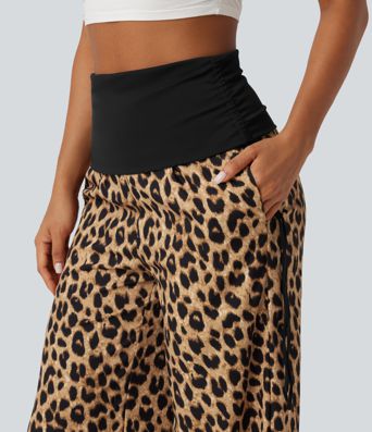 Foldover High Waisted Ruched Drawstring Baggy Leopard Print Casual Pants with Pockets Foldover High Waisted Ruched Drawstring Baggy Leopard Print Casual Pants with Pockets