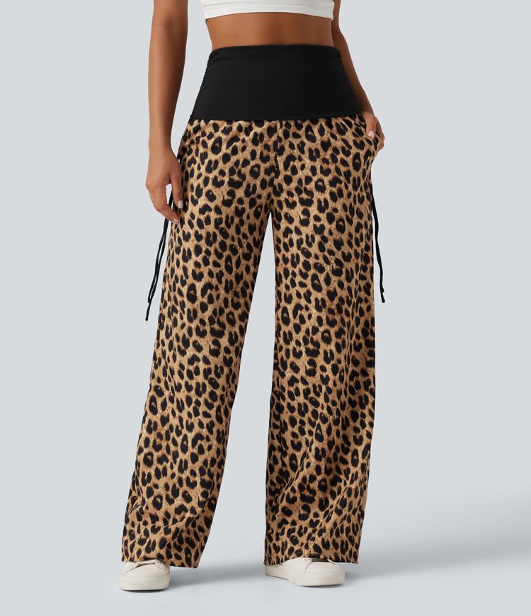 Foldover High Waisted Ruched Drawstring Baggy Leopard Print Casual Pants with Pockets Foldover High Waisted Ruched Drawstring Baggy Leopard Print Casual Pants with Pockets
