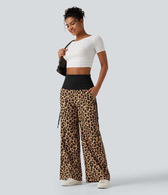 Foldover High Waisted Ruched Drawstring Baggy Leopard Print Casual Pants with Pockets Foldover High Waisted Ruched Drawstring Baggy Leopard Print Casual Pants with Pockets