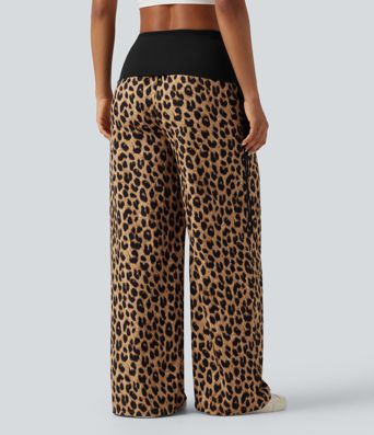 Foldover High Waisted Ruched Drawstring Baggy Leopard Print Casual Pants with Pockets Foldover High Waisted Ruched Drawstring Baggy Leopard Print Casual Pants with Pockets