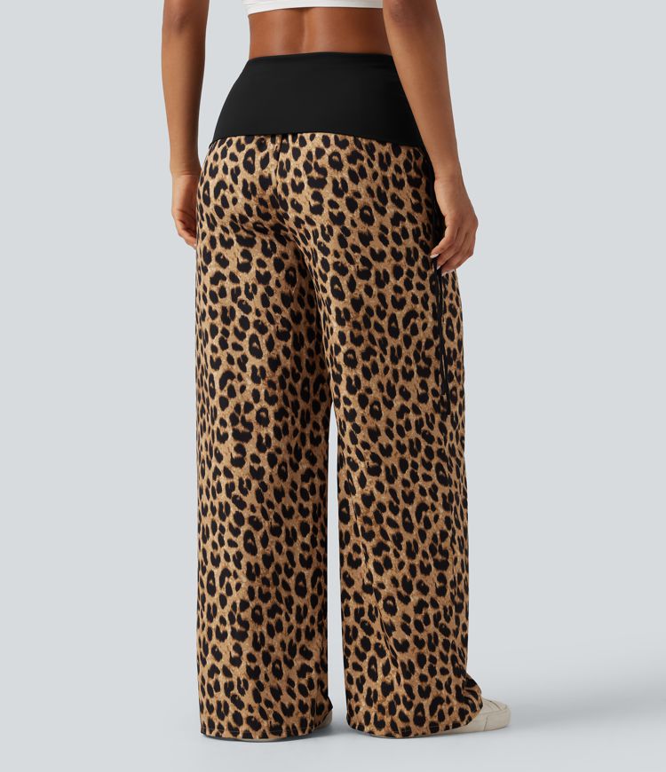 Foldover High Waisted Ruched Drawstring Baggy Leopard Print Casual Pants with Pockets Foldover High Waisted Ruched Drawstring Baggy Leopard Print Casual Pants with Pockets