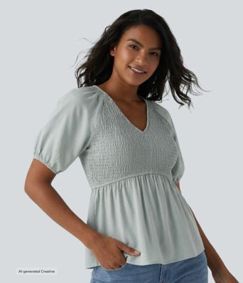 V Neck Puff Short Sleeve Shirred Casual Blouse