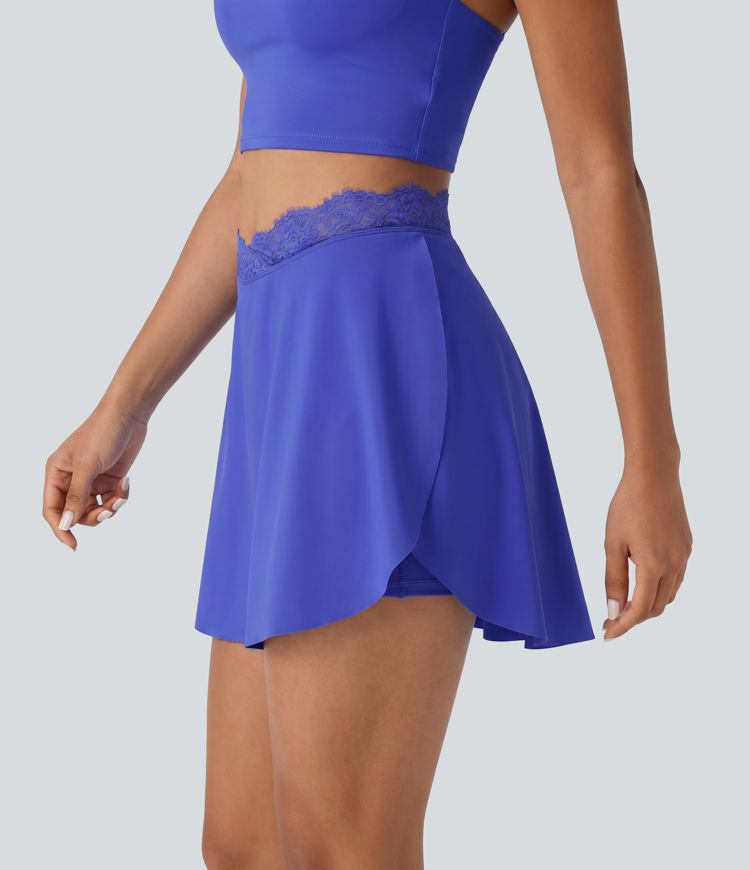 SoftlyZero™ Airy High Waisted Contrast Lace Curved Split Hem 2-in-1 Mini Tennis Skirt with Pockets-UPF50+