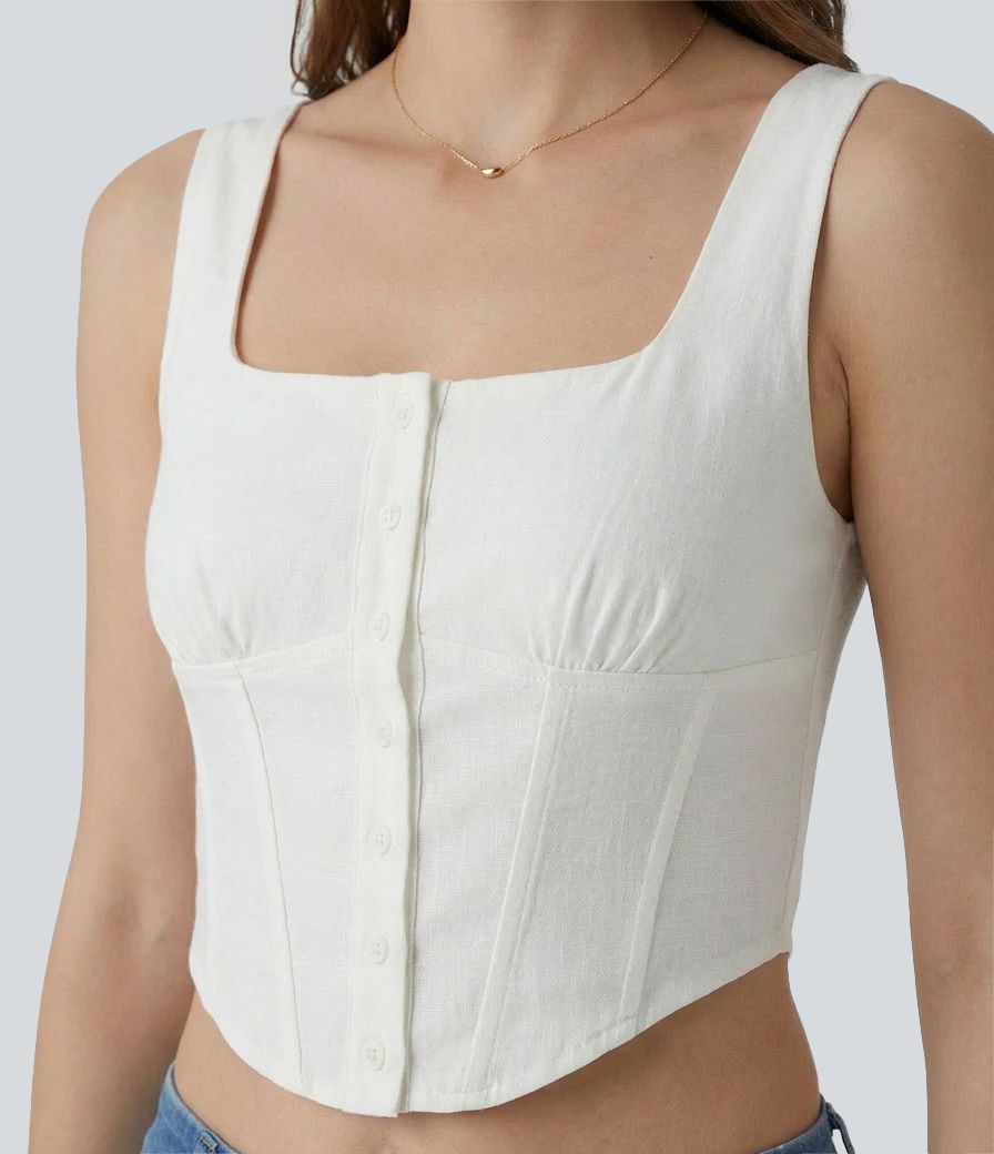 Square Neck Corset Tie Back Curved Hem Cropped Casual Linen-Blend Tank Top