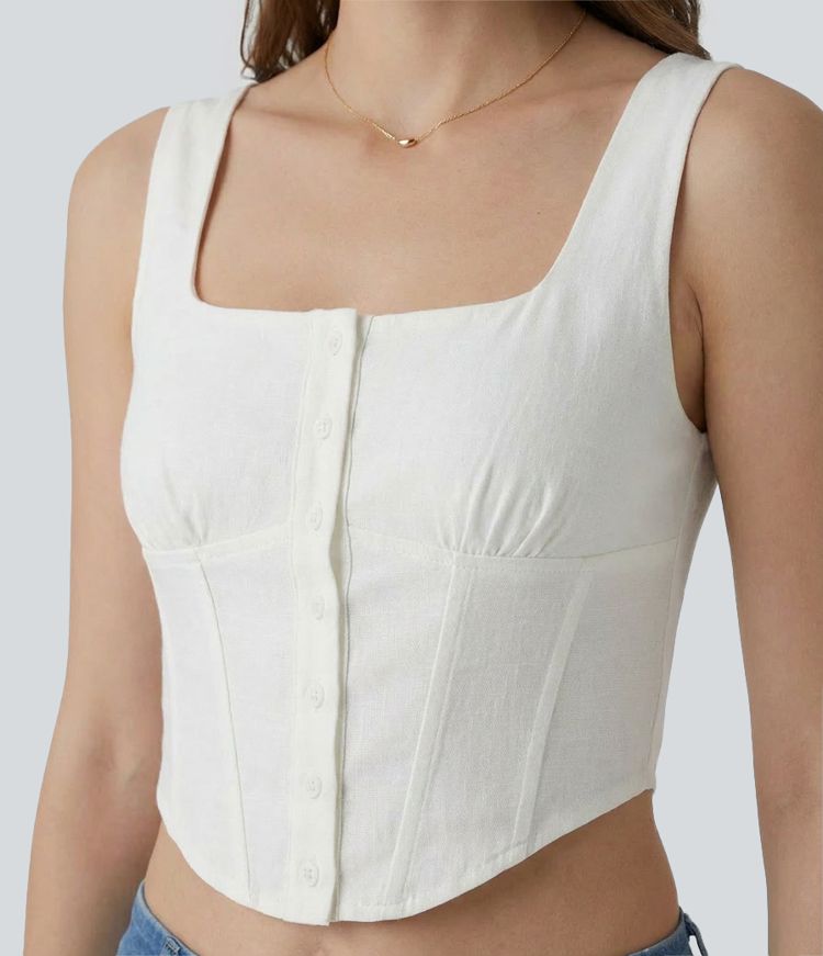Square Neck Corset Tie Back Curved Hem Cropped Casual Linen-Blend Tank Top