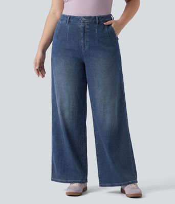 Halara Flex™ Plus Size High Waisted Tummy Control Wide Leg Casual Jeans with Pockets