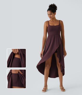 Breezeful™ Rückenfreies, lässiges, 2-teiliges Flowy-Midikleid mit Seitentaschen und asymmetrischem Crossover-Saum, schnell trocknend