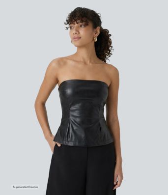 Tube Built-in Bra PU Leather Casual Tank Top