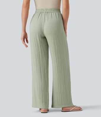 Low Rise Drawstring Wide Leg Baggy Casual Linen-Feel Trousers with Pockets Low Rise Drawstring Wide Leg Baggy Casual Linen-Feel Trousers with Pockets