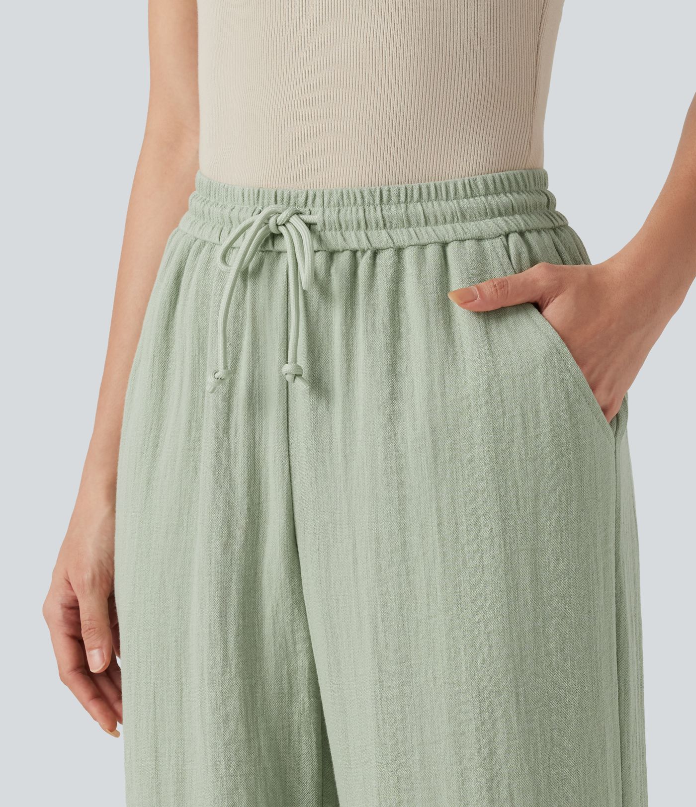 Low Rise Drawstring Wide Leg Baggy Casual Linen-Feel Trousers with Pockets Low Rise Drawstring Wide Leg Baggy Casual Linen-Feel Trousers with Pockets