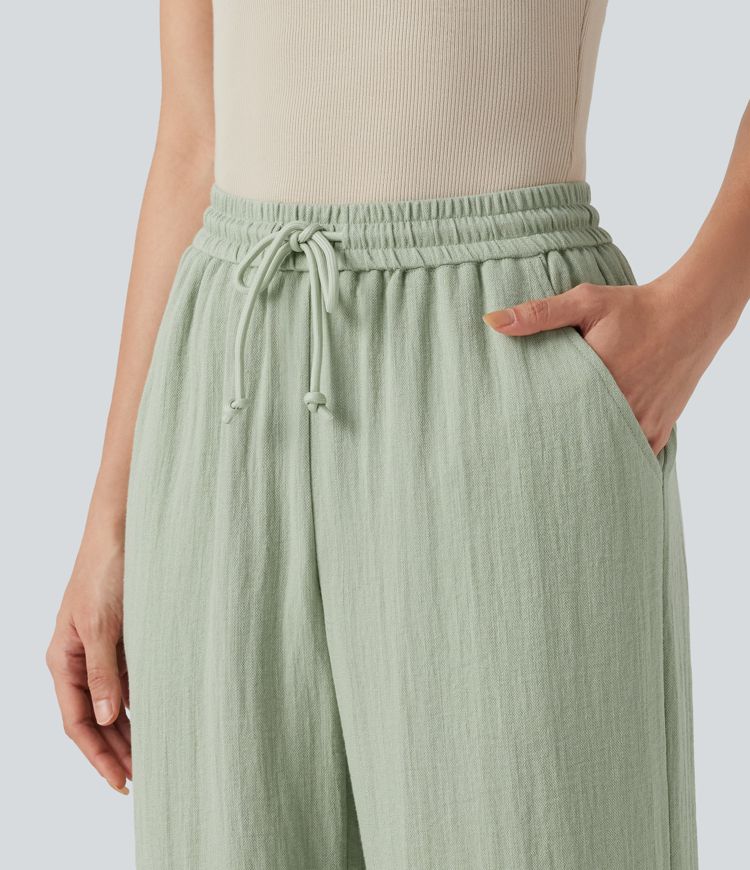 Low Rise Drawstring Wide Leg Baggy Casual Linen-Feel Trousers with Pockets Low Rise Drawstring Wide Leg Baggy Casual Linen-Feel Trousers with Pockets