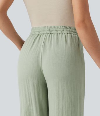 Low Rise Drawstring Wide Leg Baggy Casual Linen-Feel Trousers with Pockets Low Rise Drawstring Wide Leg Baggy Casual Linen-Feel Trousers with Pockets