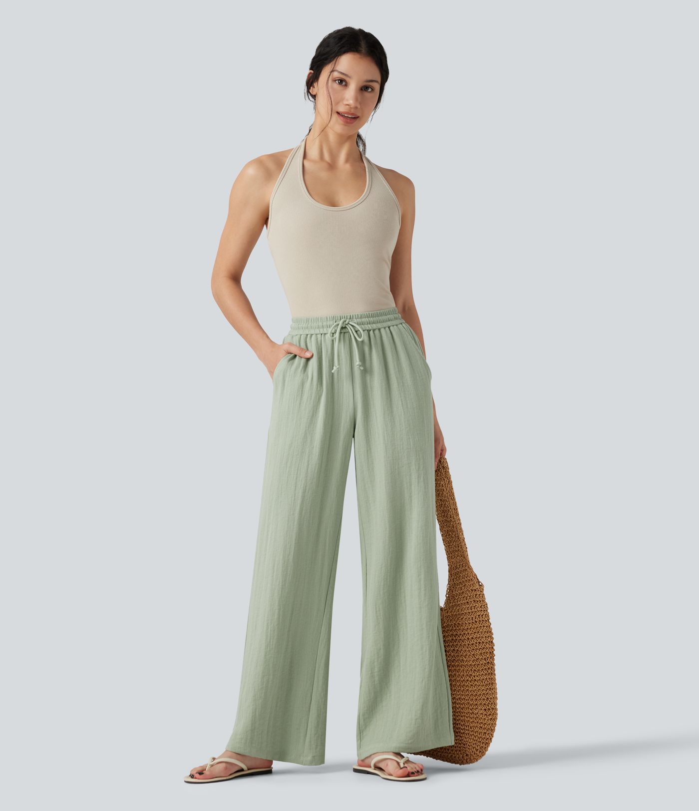 Low Rise Drawstring Wide Leg Baggy Casual Linen-Feel Trousers with Pockets Low Rise Drawstring Wide Leg Baggy Casual Linen-Feel Trousers with Pockets