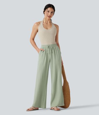 Low Rise Drawstring Wide Leg Baggy Casual Linen-Feel Trousers with Pockets Low Rise Drawstring Wide Leg Baggy Casual Linen-Feel Trousers with Pockets