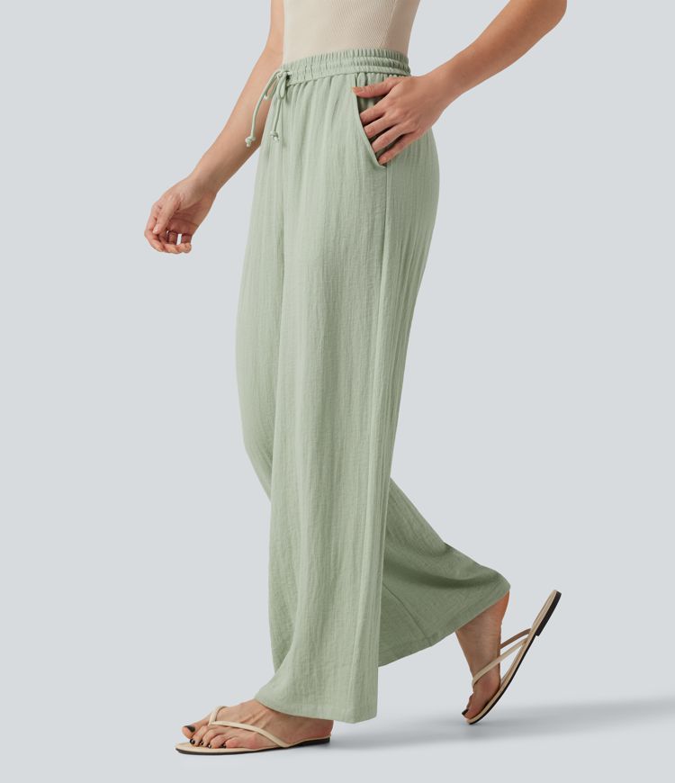 Low Rise Drawstring Wide Leg Baggy Casual Linen-Feel Trousers with Pockets Low Rise Drawstring Wide Leg Baggy Casual Linen-Feel Trousers with Pockets