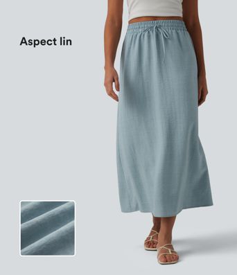 Jupe longue casual aspect lin taille haute avec cordon de serrage Jupe longue casual aspect lin taille haute avec cordon de serrage
