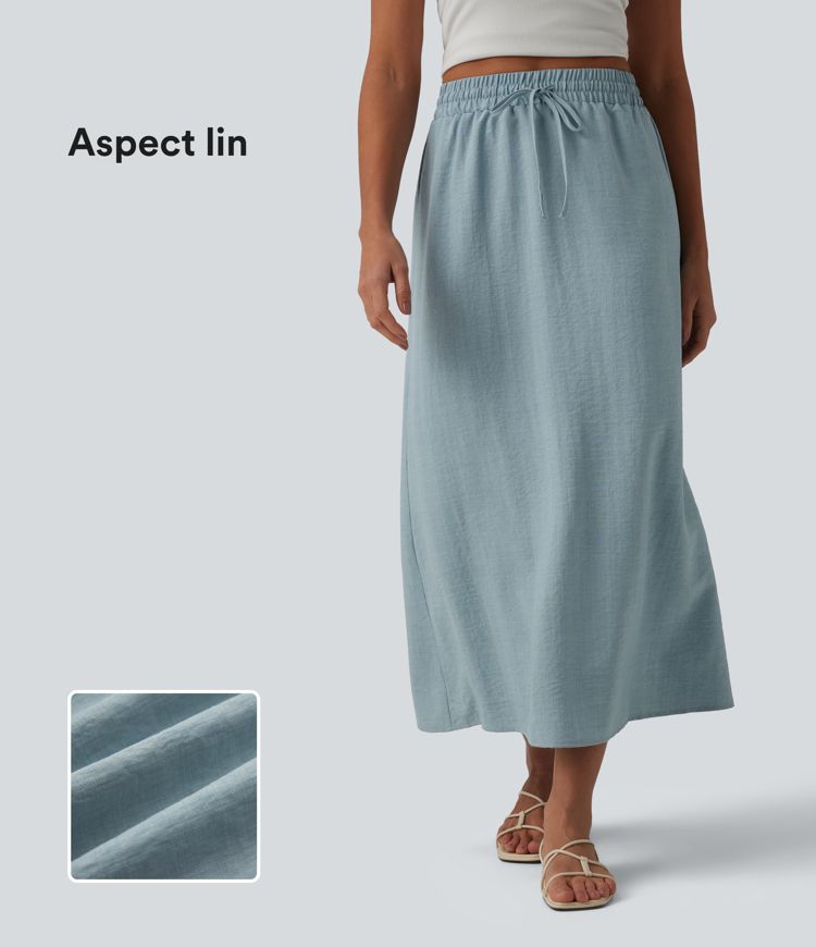 Jupe longue casual aspect lin taille haute avec cordon de serrage Jupe longue casual aspect lin taille haute avec cordon de serrage