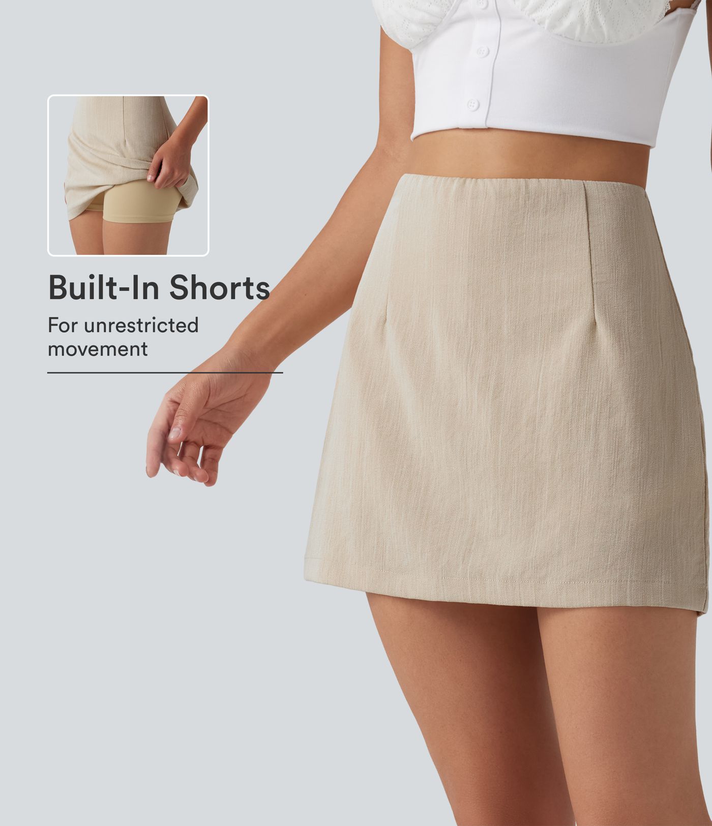 High Waisted 2-in-1 A Line Mini Casual Linen-Feel Skirt High Waisted 2-in-1 A Line Mini Casual Linen-Feel Skirt