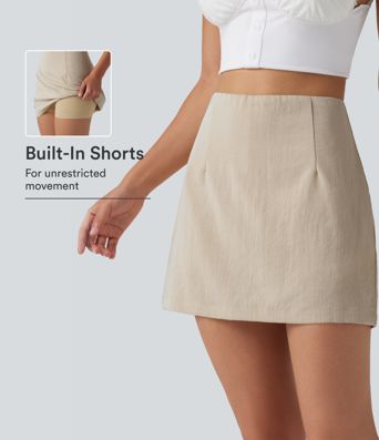 High Waisted 2-in-1 A Line Mini Casual Linen-Feel Skirt High Waisted 2-in-1 A Line Mini Casual Linen-Feel Skirt