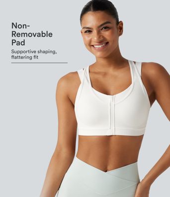 Brassière de sport d'entraînement maintien moyen col rond échancré dos nageur avec fermeture éclair, mesh contrasté et coussinets non amovibles Brassière de sport d'entraînement maintien moyen col rond échancré dos nageur avec fermeture éclair, mesh contrasté et coussinets non amovibles