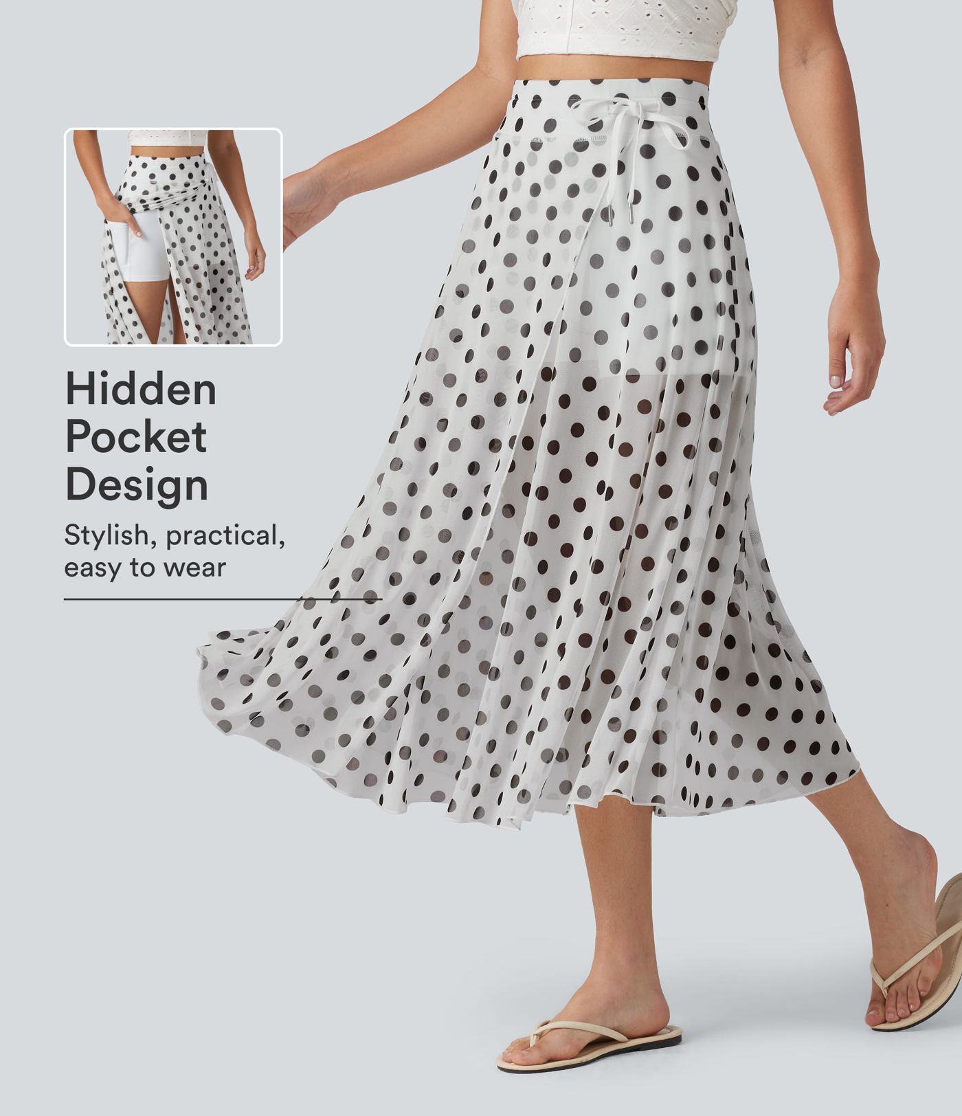 High-waisted Drawstring Polka Dot Mesh 2-in-1 Midi Flowy Flare Resort Skirt with Pockets High-waisted Drawstring Polka Dot Mesh 2-in-1 Midi Flowy Flare Resort Skirt with Pockets