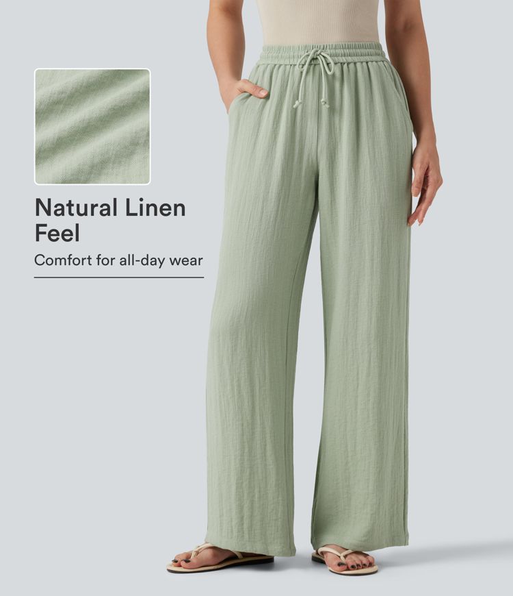 Low Rise Drawstring Wide Leg Baggy Casual Linen-Feel Trousers with Pockets Low Rise Drawstring Wide Leg Baggy Casual Linen-Feel Trousers with Pockets